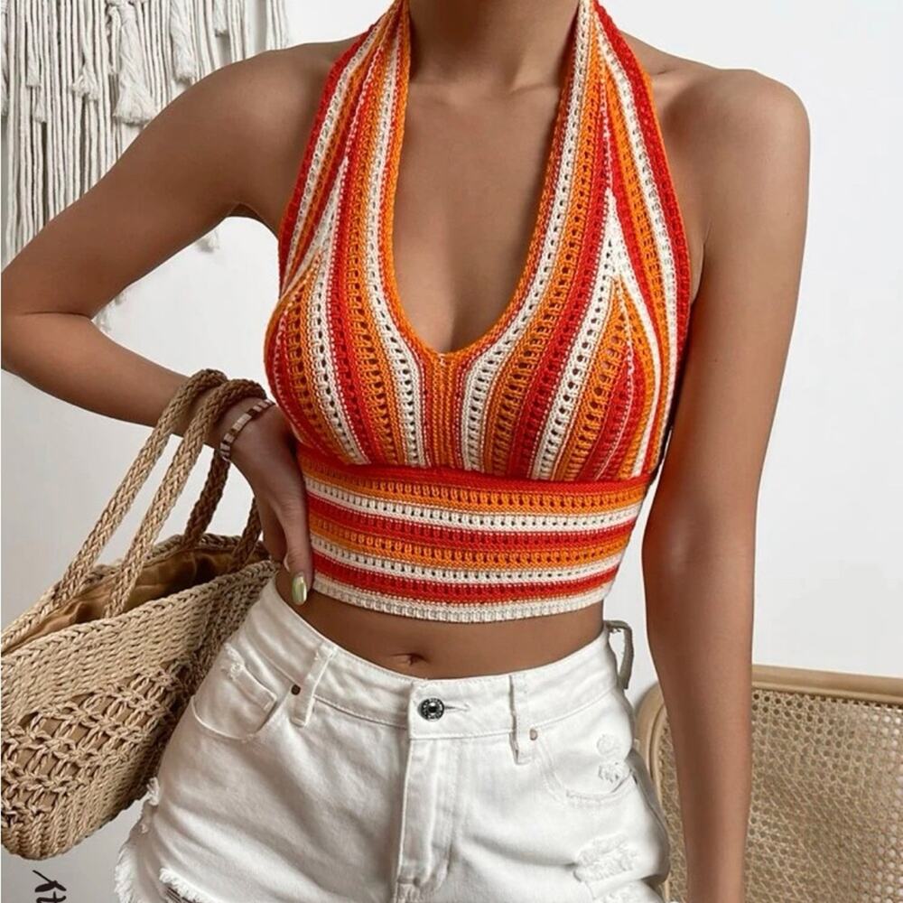 SHEIN Orange & White Striped Crocheted Cropped Halter Top Large